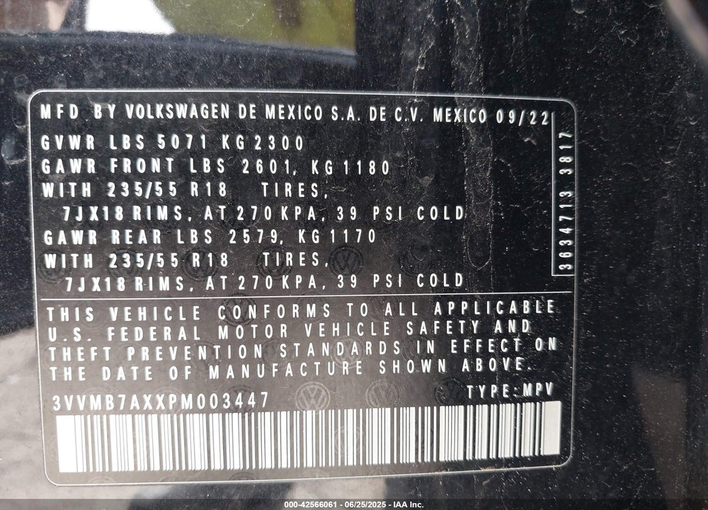 2023 VOLKSWAGEN TIGUAN VIN: 3VVMB7AXXPM003447
