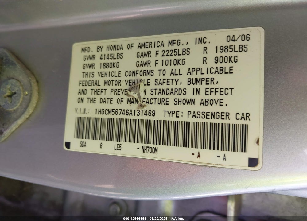 2006 HONDA ACCORD 2.4 EX VIN: 1HGCM56746A131469