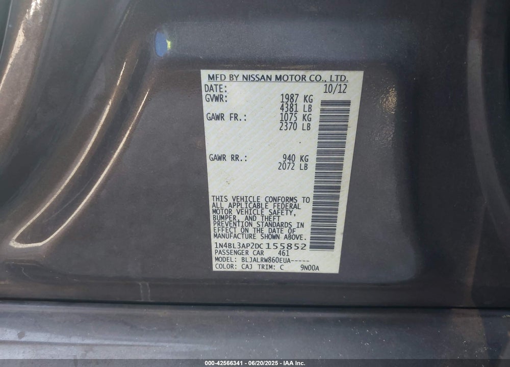 2013 NISSAN ALTIMA VIN: 1N4BL3AP2DC155852