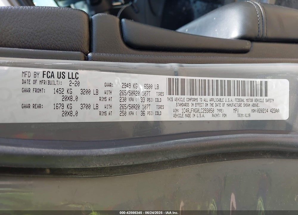 2020 JEEP GRAND CHEROKEE ALTITUDE 4X4 VIN: 1C4RJFAG0LC293050
