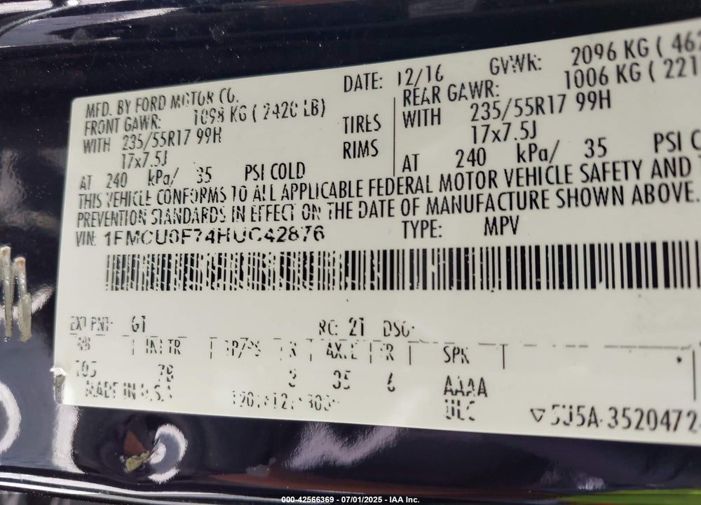 2017 FORD ESCAPE VIN: 1FMCU0F74HUC42876