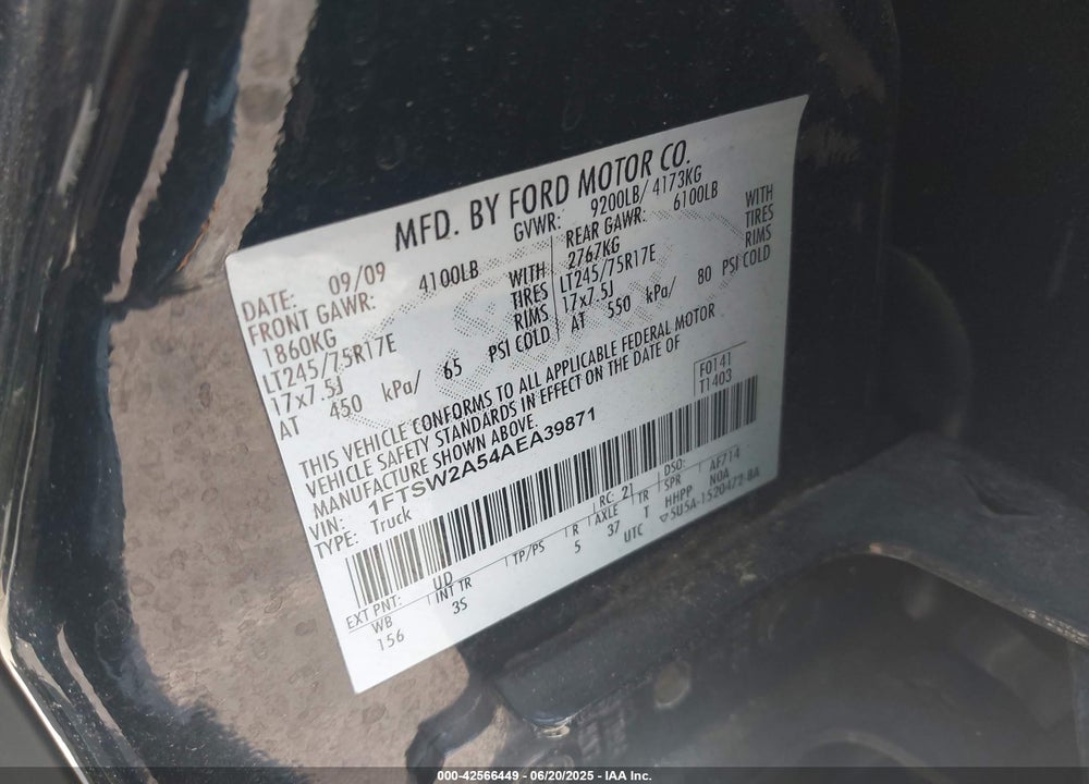 2010 FORD F-250 VIN: 1FTSW2A54AEA39871