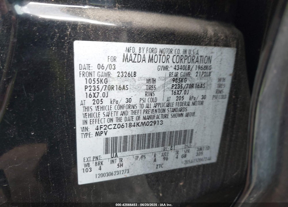 2004 MAZDA TRIBUTE ES V6 VIN: 4F2CZ06184KM02913