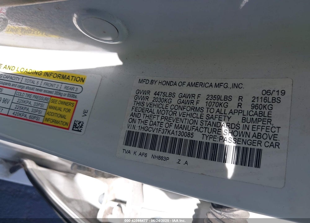 2019 HONDA ACCORD VIN: 1HGCV1F37KA130085