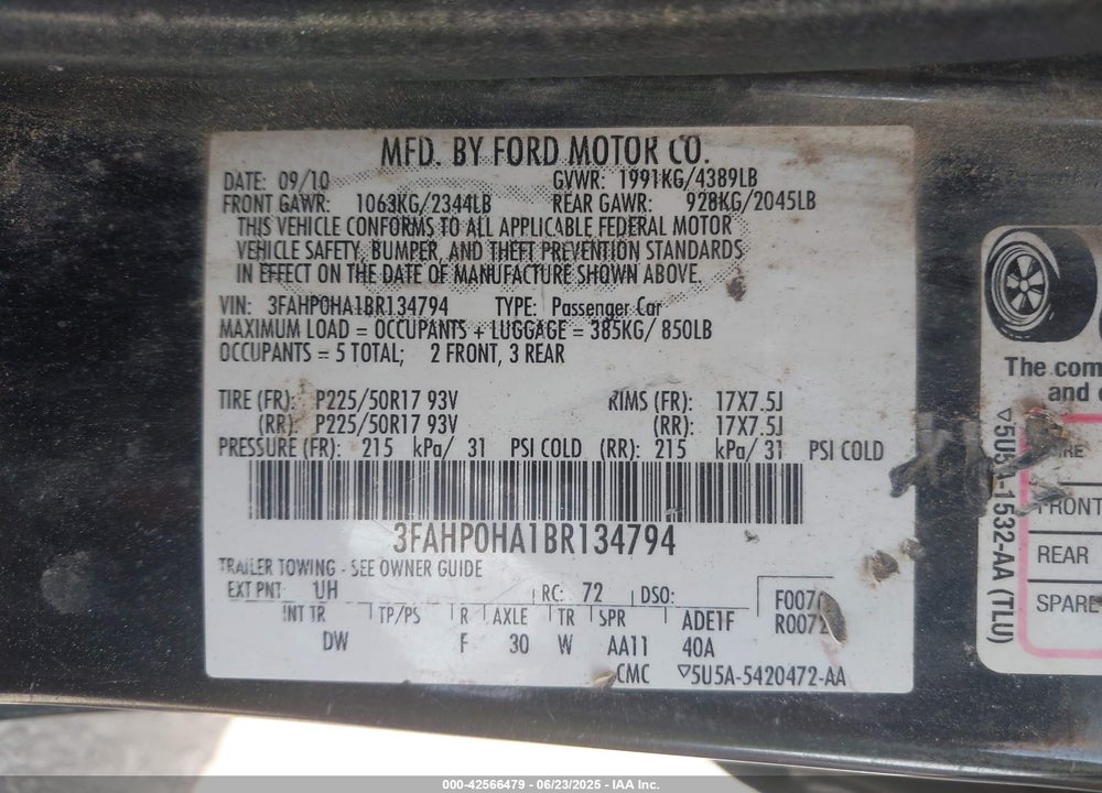 2011 FORD FUSION VIN: 3FAHP0HA1BR134794
