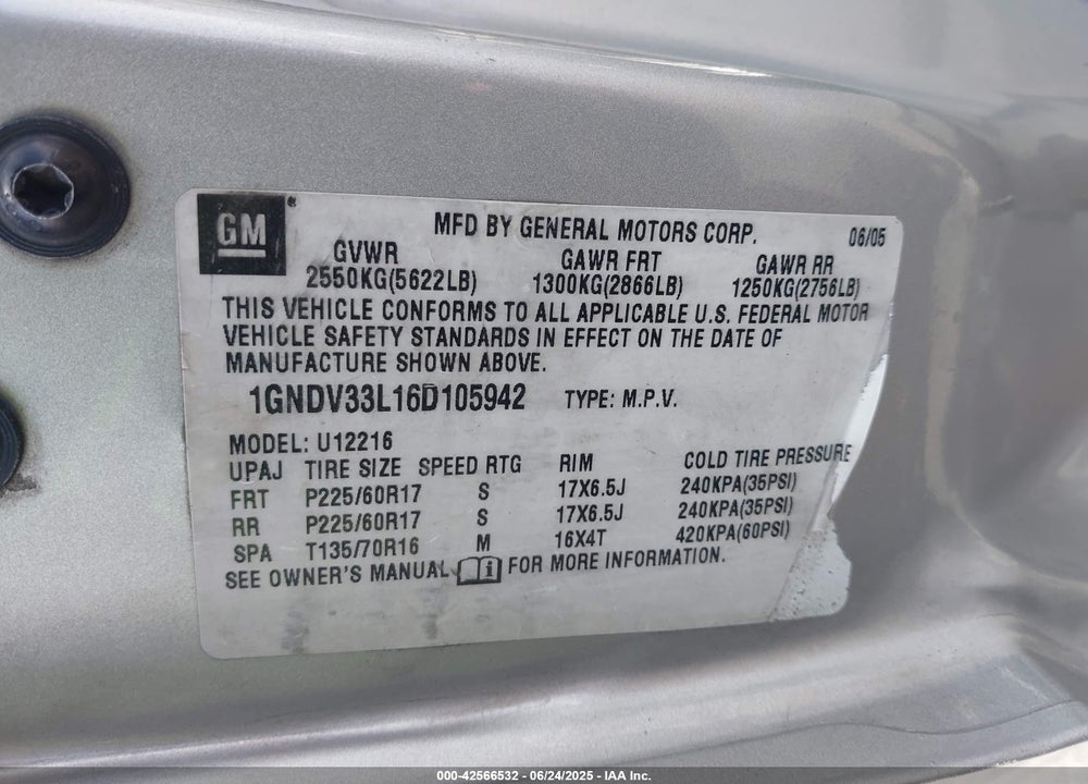 2006 CHEVROLET UPLANDER VIN: 1GNDV33L16D105942
