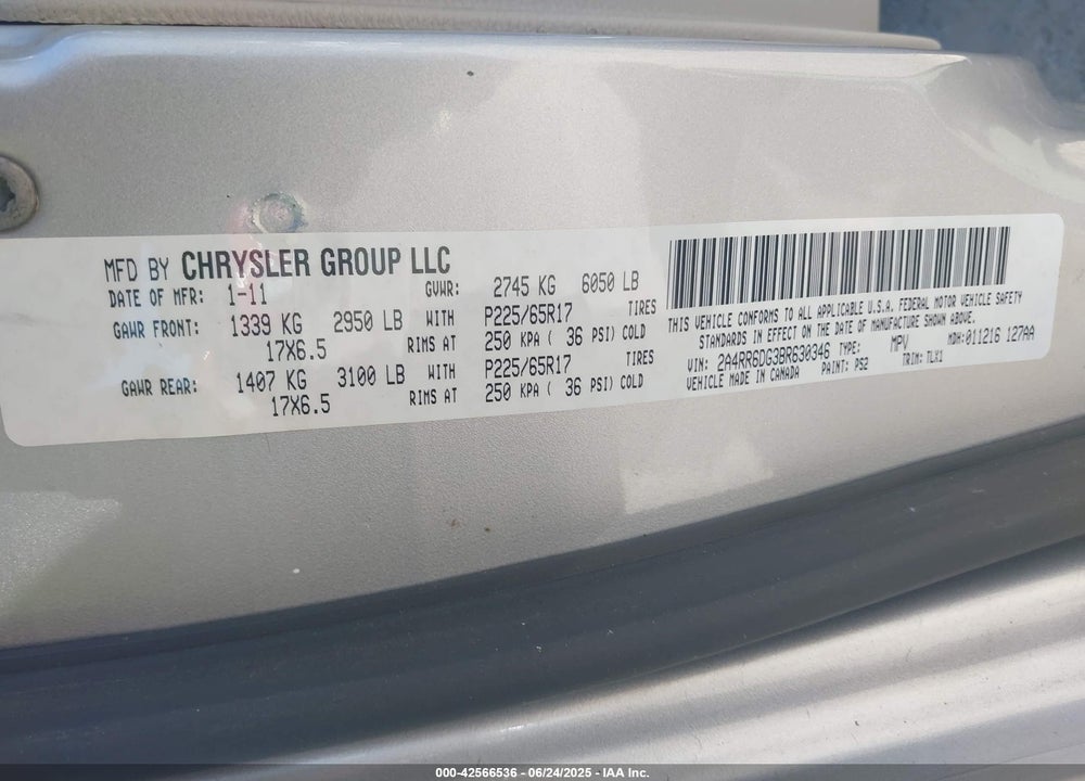 2011 CHRYSLER TOWN & COUNTRY LIMITED VIN: 2A4RR6DG3BR630346