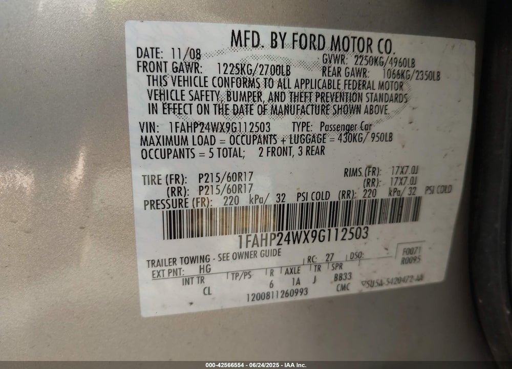 2009 FORD TAURUS VIN: 1FAHP24WX9G112503