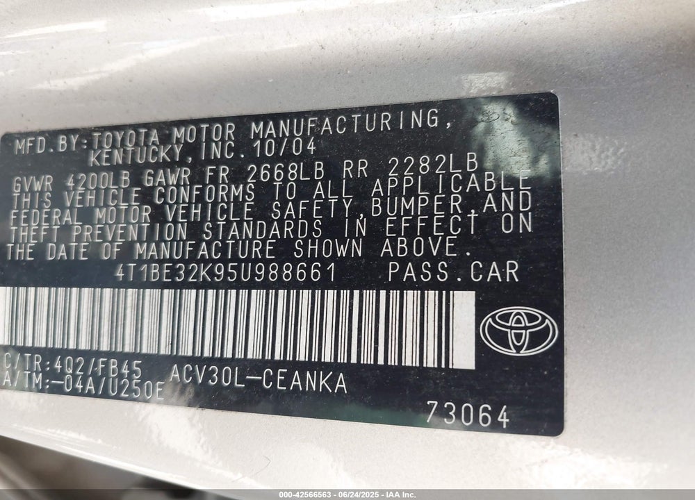 2005 TOYOTA CAMRY LE VIN: 4T1BE32K95U988661