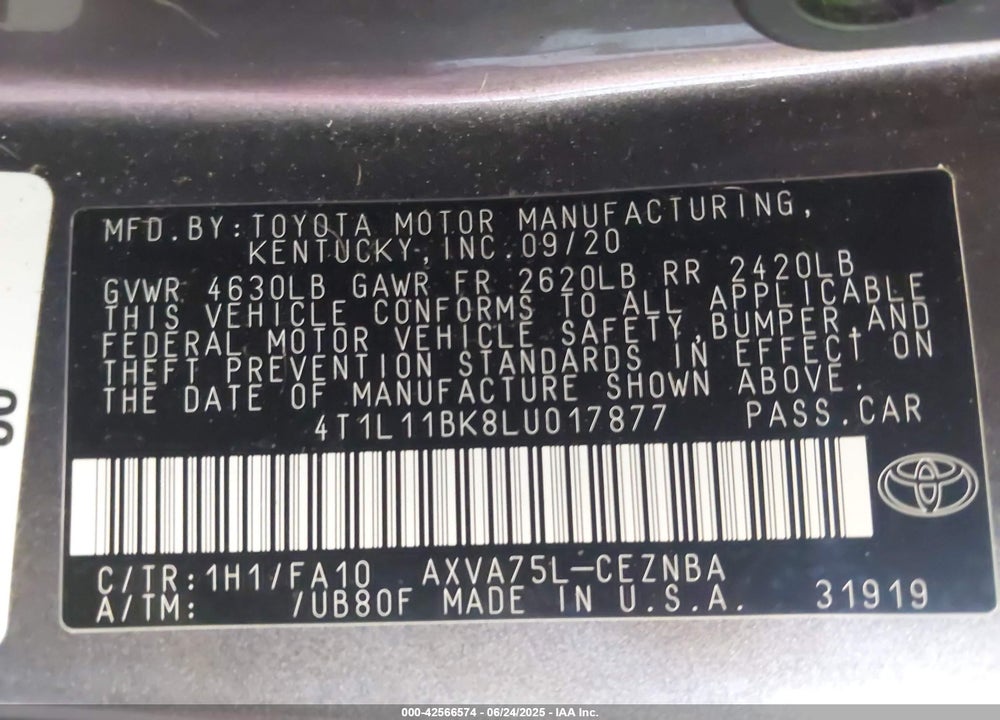 2020 TOYOTA CAMRY VIN: 4T1L11BK8LU017877