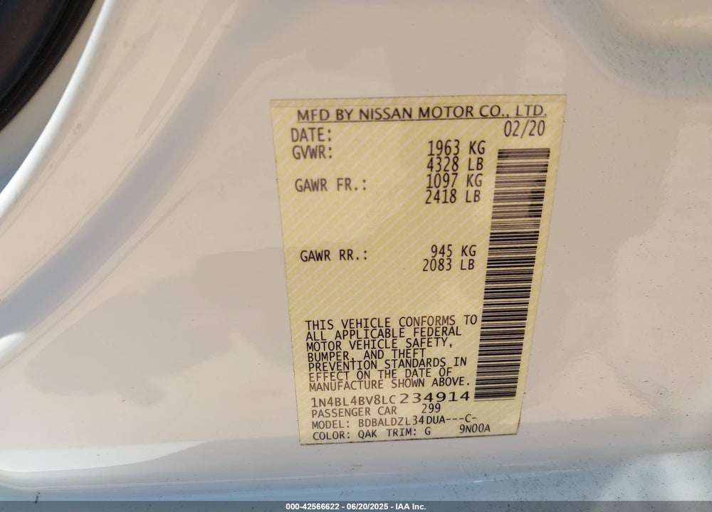 2020 NISSAN ALTIMA VIN: 1N4BL4BV8LC234914