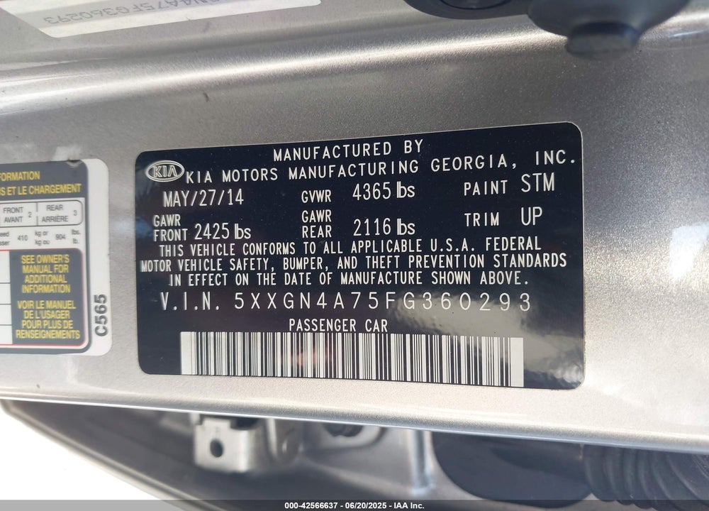 2015 KIA OPTIMA EX VIN: 5XXGN4A75FG360293