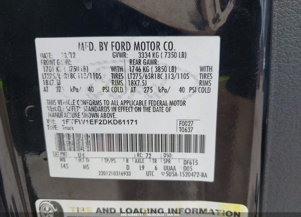 2013 FORD F-150 VIN: 1FTFW1EF2DKD61171