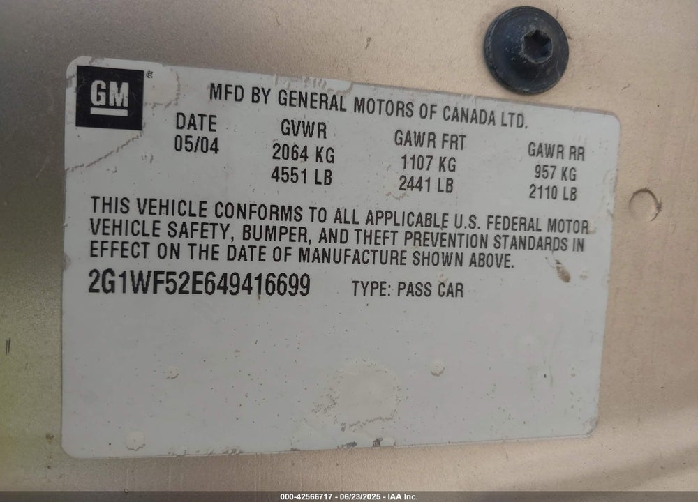 2004 CHEVROLET IMPALA VIN: 2G1WF52E649416699