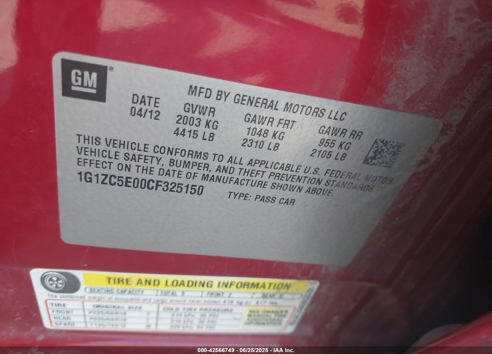 2012 CHEVROLET MALIBU VIN: 1G1ZC5E00CF325150