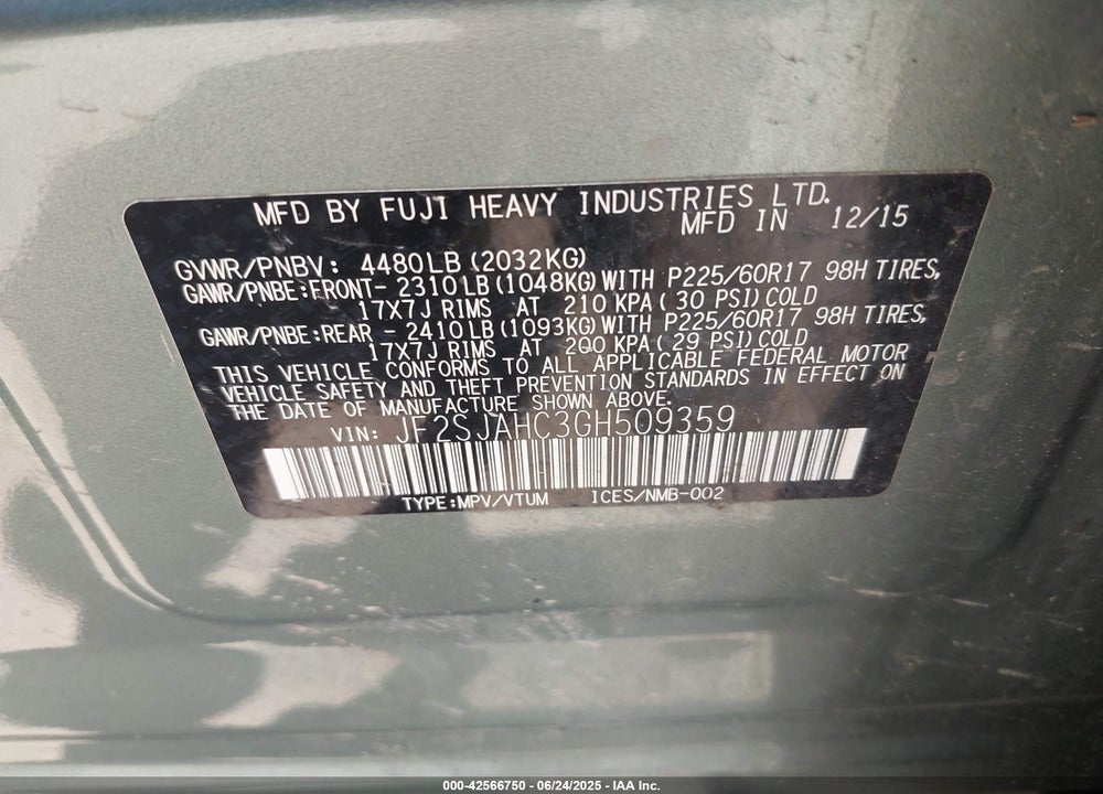 2016 SUBARU FORESTER 2.5I LIMITED VIN: JF2SJAHC3GH509359