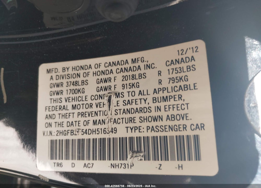 2013 HONDA CIVIC VIN: 2HGFB2F54DH516349