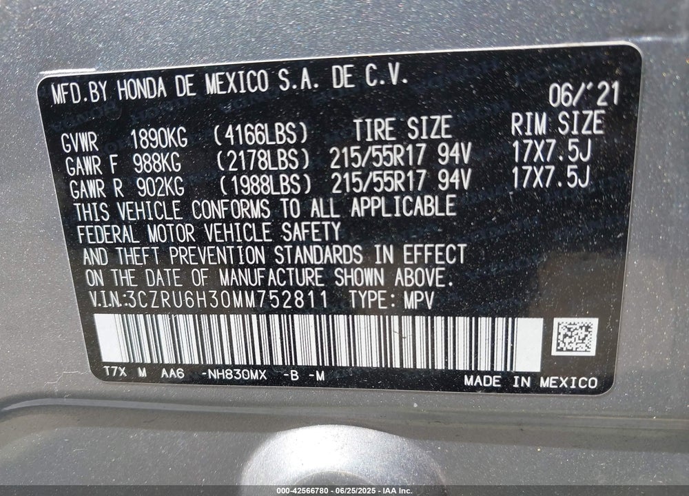 2021 HONDA HR-V AWD LX VIN: 3CZRU6H30MM752811