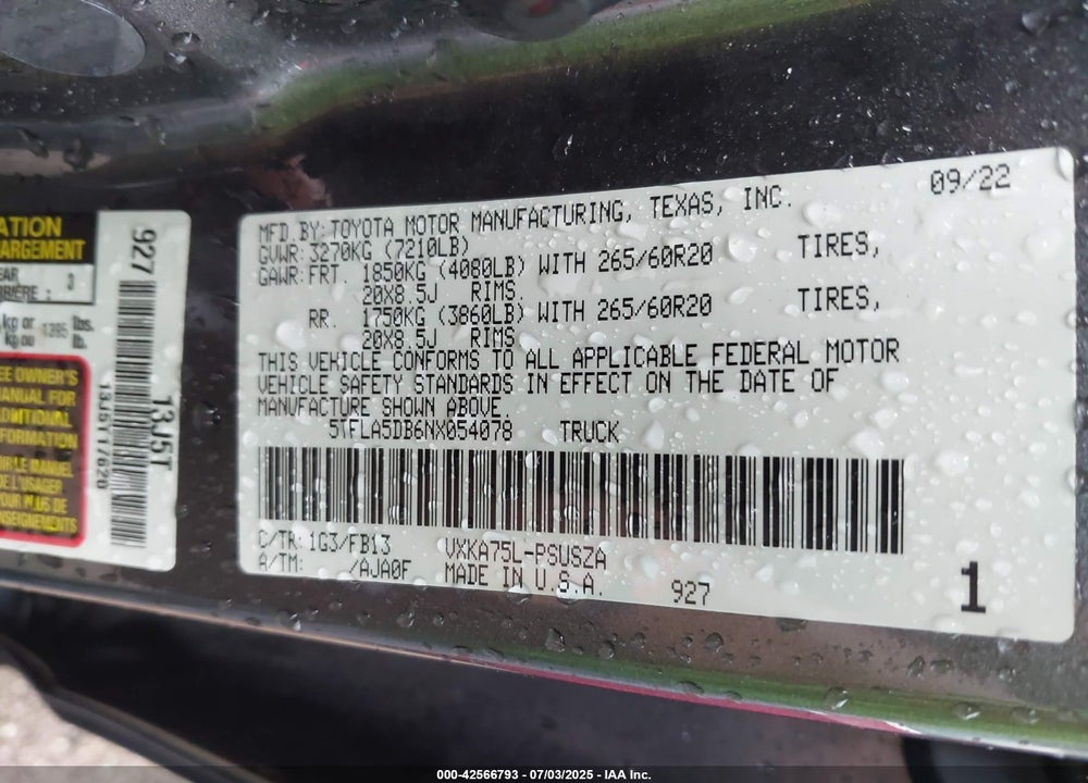 2022 TOYOTA TUNDRA VIN: 5TFLA5DB6NX054078