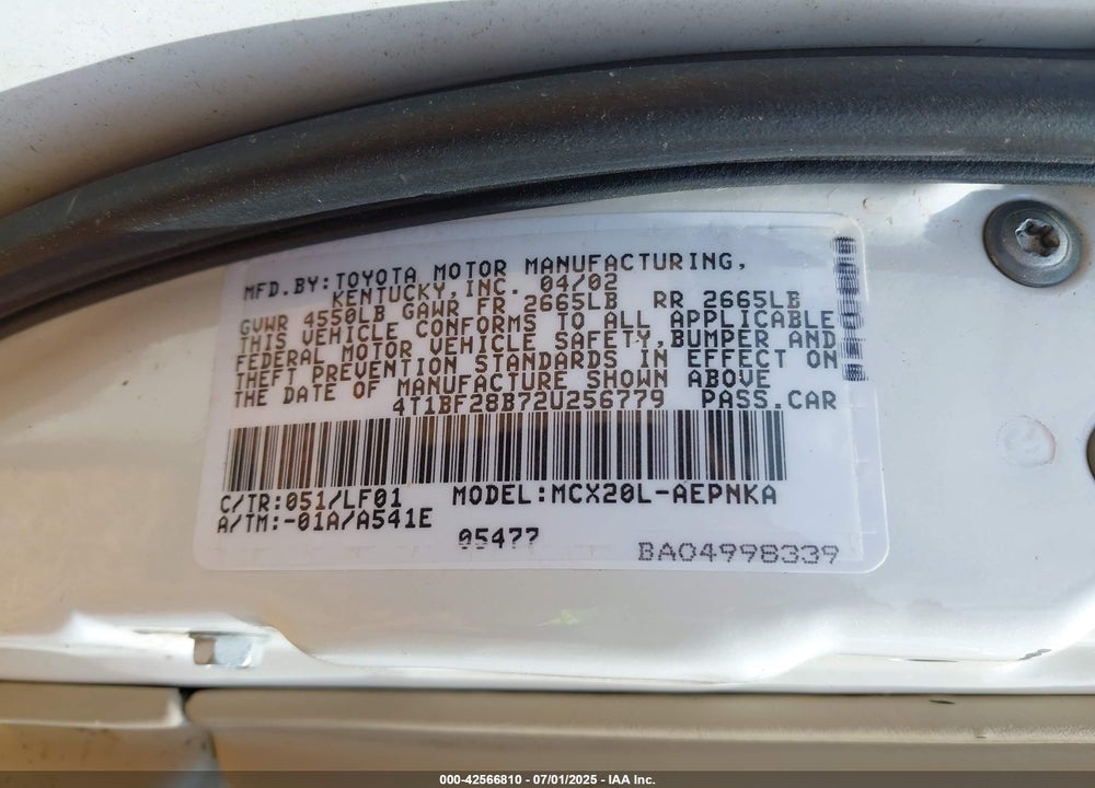 2002 TOYOTA AVALON XL VIN: 4T1BF28B72U256779