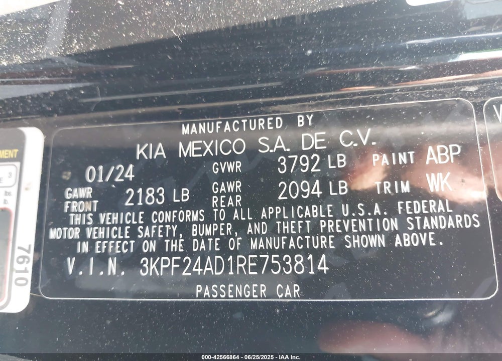 2024 KIA FORTE LXS VIN: 3KPF24AD1RE753814