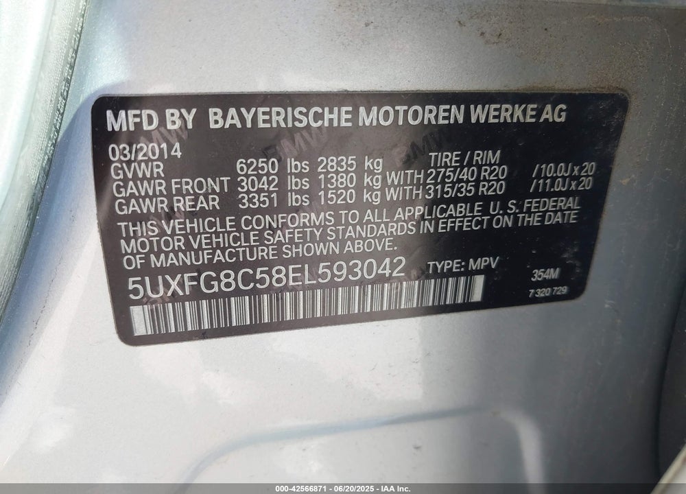 2014 BMW X6 VIN: 5UXFG8C58EL593042