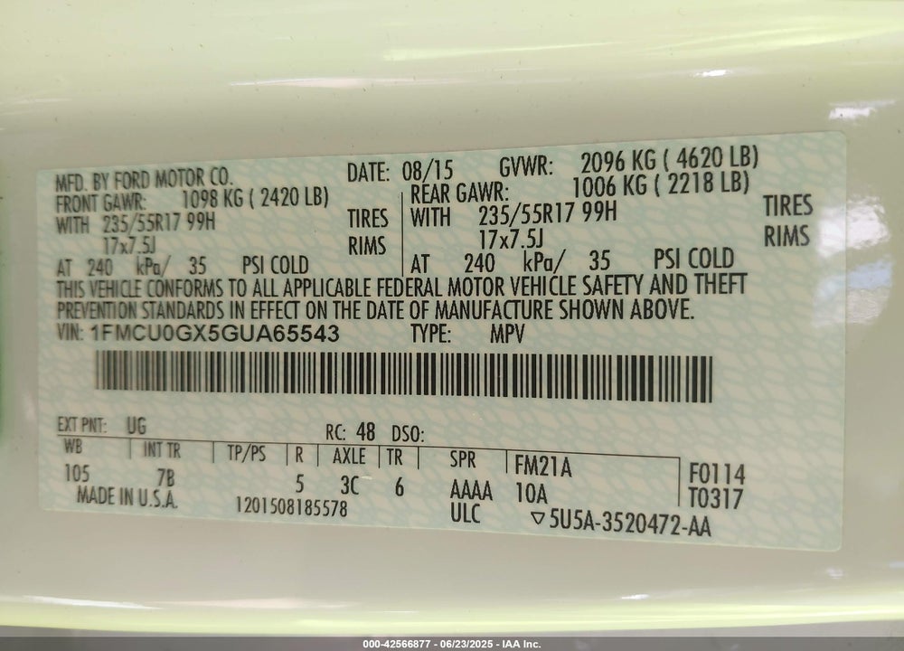 2016 FORD ESCAPE VIN: 1FMCU0GX5GUA65543