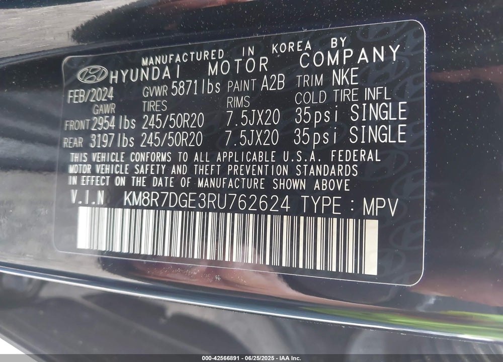 2024 HYUNDAI PALISADE VIN: KM8R7DGE3RU762624