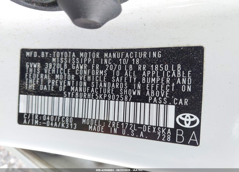 2019 TOYOTA COROLLA VIN: 5YFBURHE5KP902587