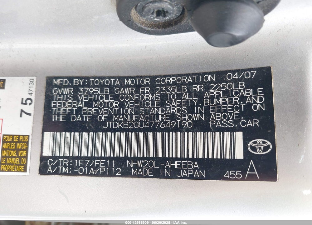 2007 TOYOTA PRIUS VIN: JTDKB20U477649190