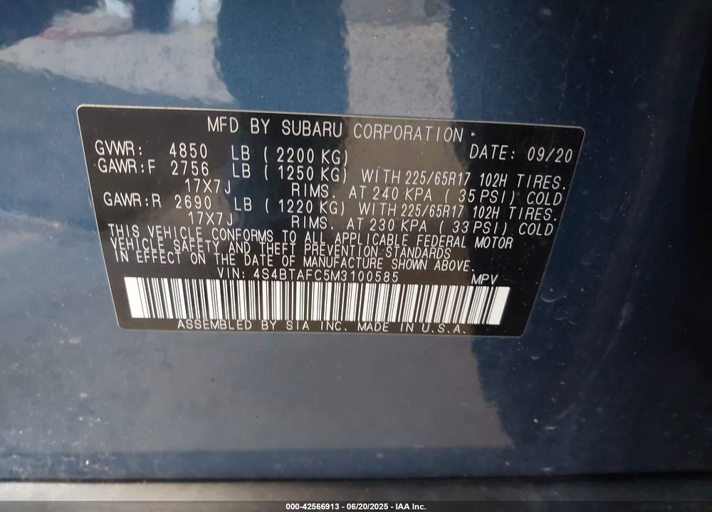 2021 SUBARU OUTBACK VIN: 4S4BTAFC5M3100585