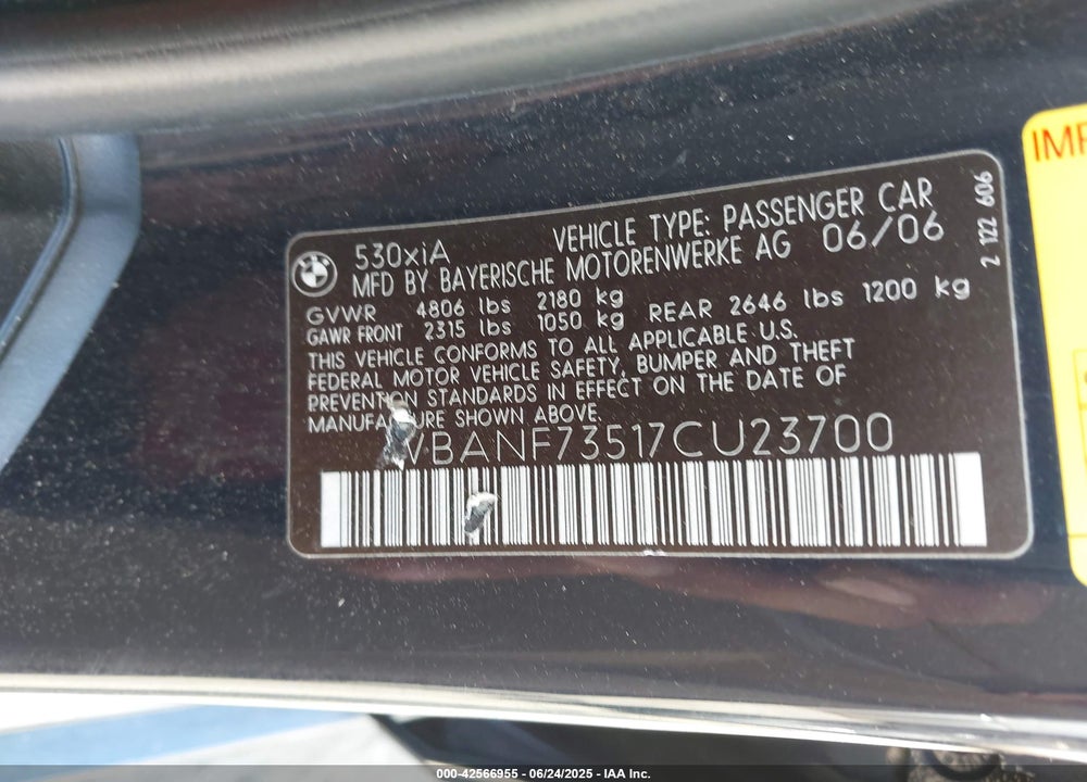2007 BMW 530XI VIN: WBANF73517CU23700