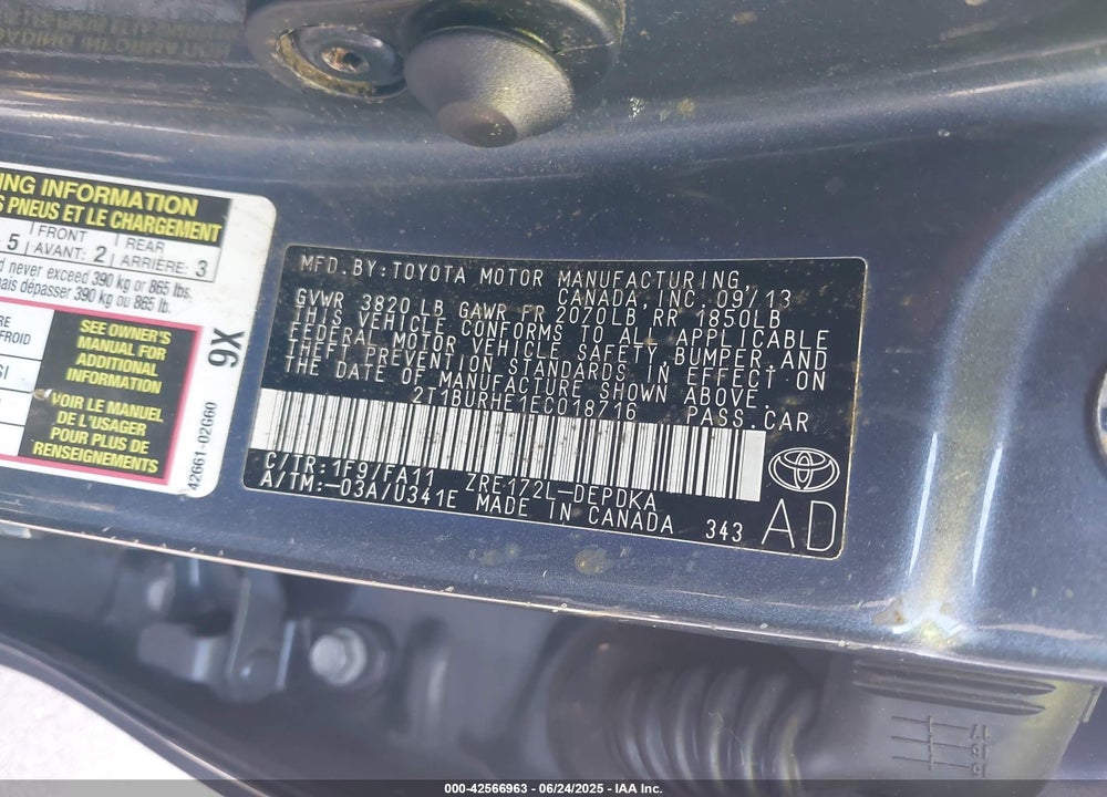 2014 TOYOTA COROLLA L VIN: 2T1BURHE1EC018716