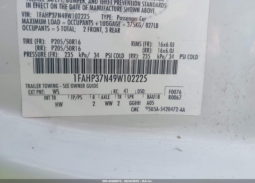 2009 FORD FOCUS SEL VIN: 1FAHP37N49W102225