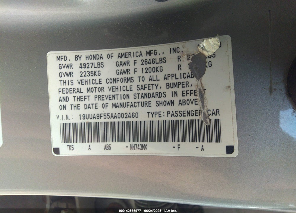 2010 ACURA TL 3.7 VIN: 19UUA9F55AA002460