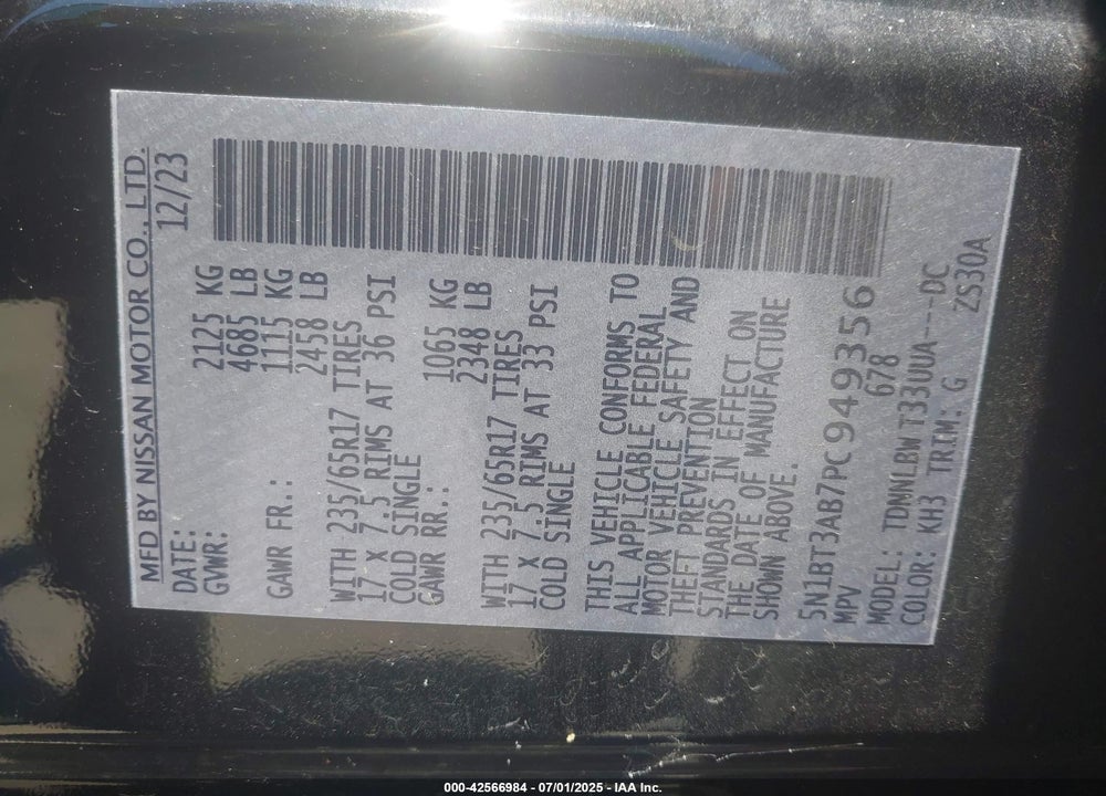 2023 NISSAN ROGUE VIN: 5N1BT3AB7PC949356