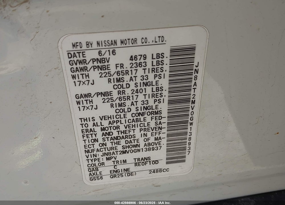 2016 NISSAN ROGUE VIN: JN8AT2MV0GW138937