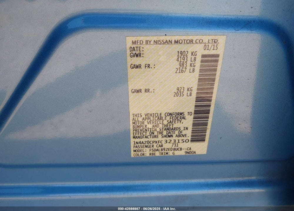 2015 NISSAN LEAF VIN: 1N4AZ0CPXFC323150