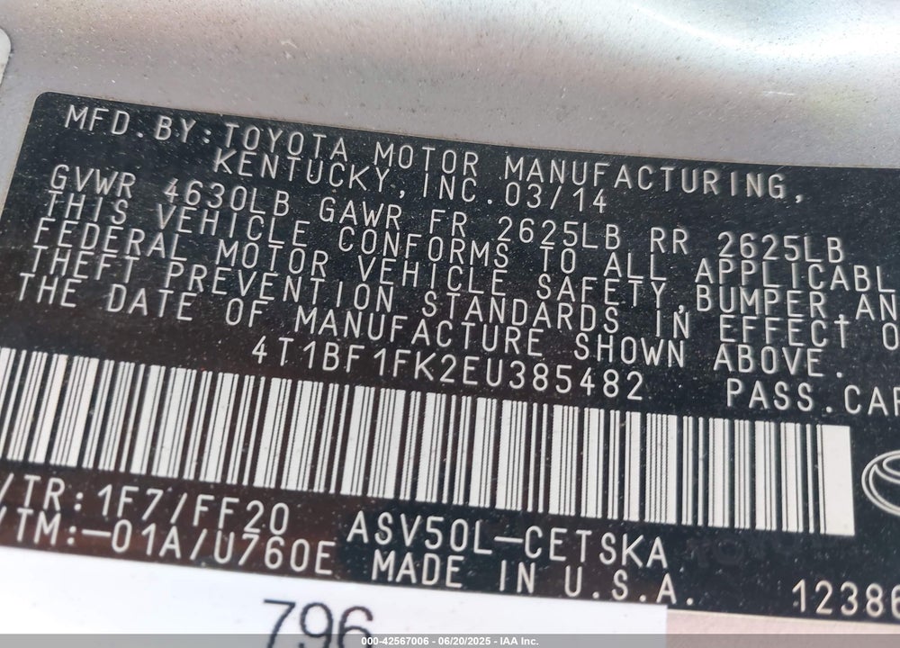2014 TOYOTA CAMRY VIN: 4T1BF1FK2EU385482