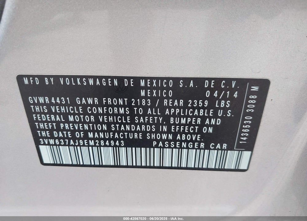 2014 VOLKSWAGEN JETTA HYBRID VIN: 3VW637AJ9EM284943