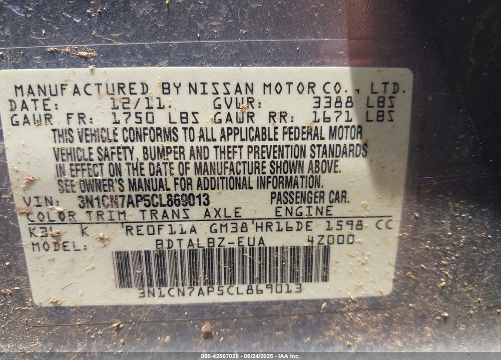 2012 NISSAN VERSA VIN: 3N1CN7AP5CL869013