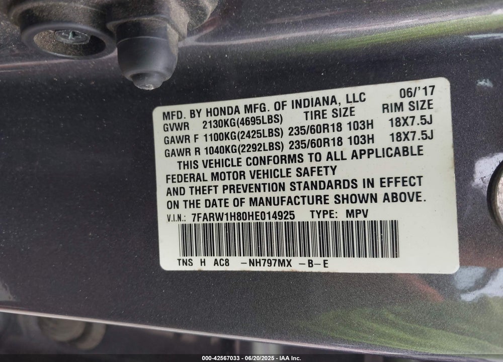2017 HONDA CR-V EX-L/EX-L NAVI VIN: 7FARW1H80HE014925