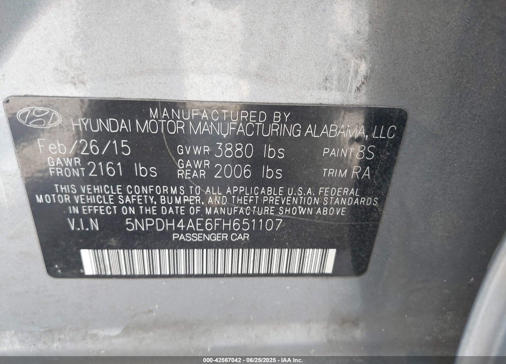 2015 HYUNDAI ELANTRA VIN: 5NPDH4AE6FH651107