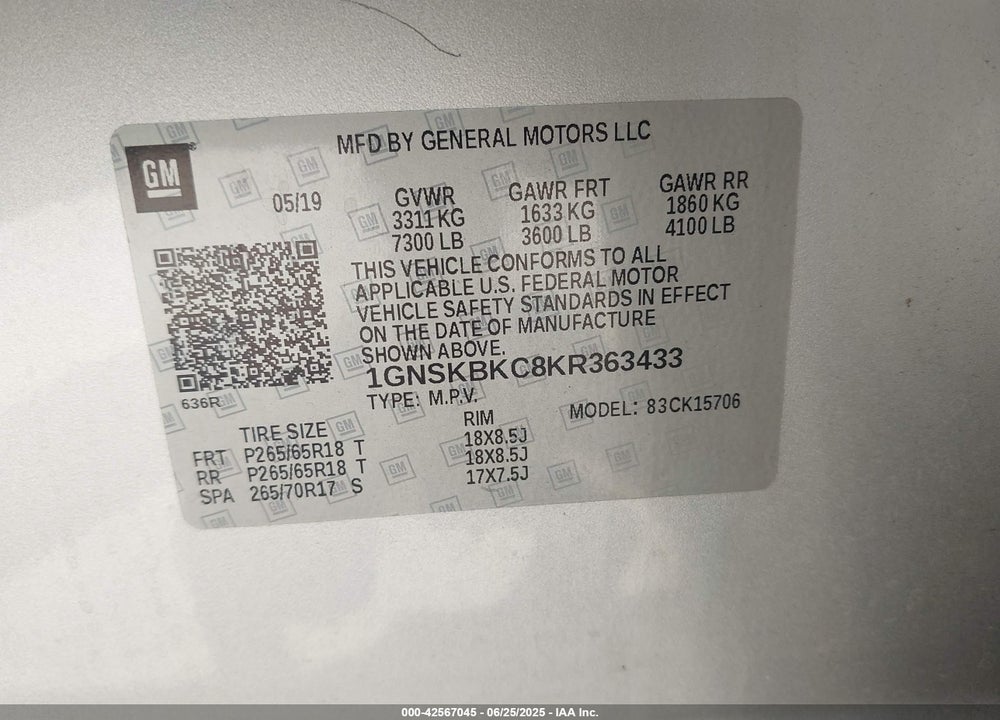 2019 CHEVROLET TAHOE VIN: 1GNSKBKC8KR363433