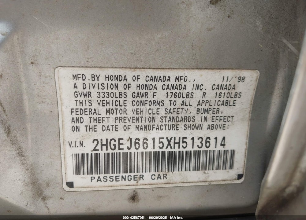 1999 HONDA CIVIC VALUE PACKAGE VIN: 2HGEJ6615XH513614