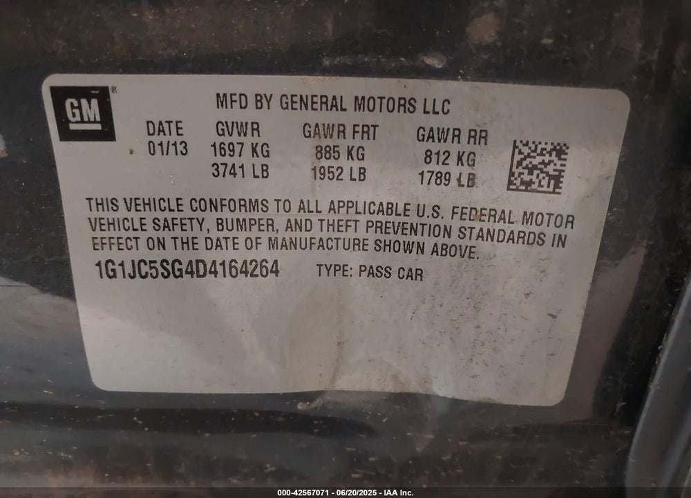 2013 CHEVROLET SONIC VIN: 1G1JC5SG4D4164264