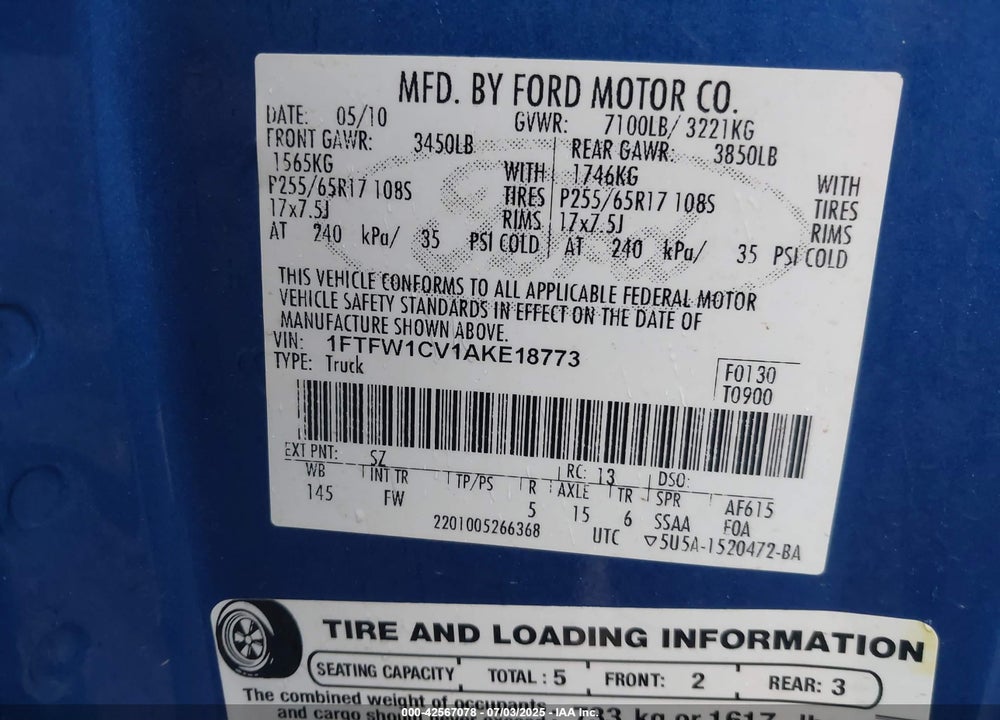 2010 FORD F-150 VIN: 1FTFW1CV1AKE18773