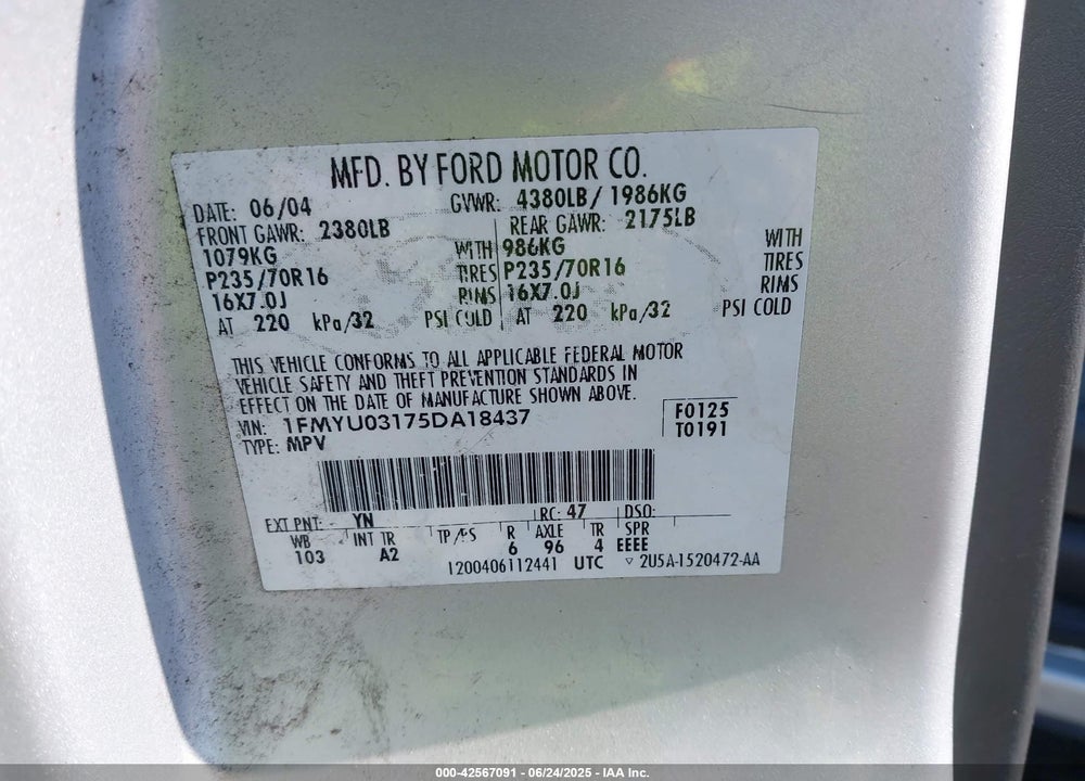 2005 FORD ESCAPE XLT VIN: 1FMYU03175DA18437