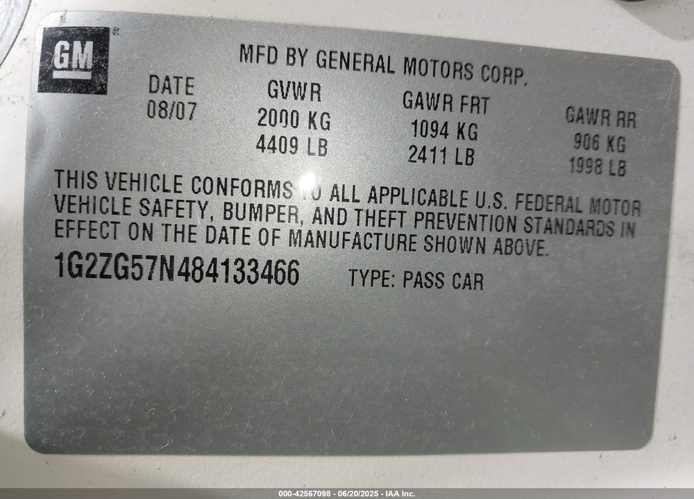 2008 PONTIAC G6 VIN: 1G2ZG57N484133466