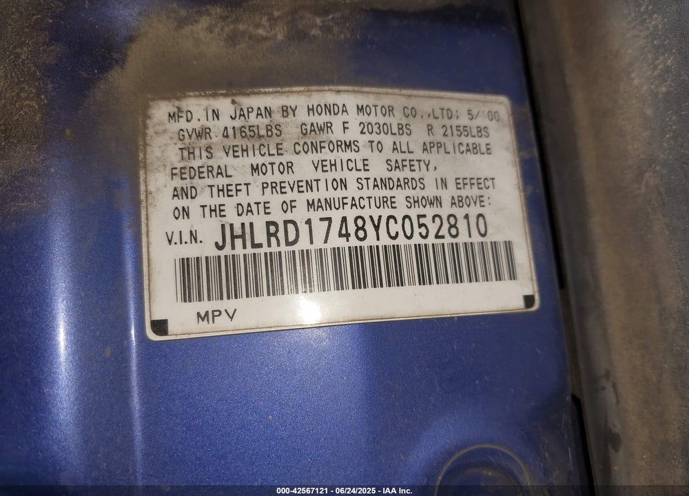 2000 HONDA CR-V LX VIN: JHLRD1748YC052810